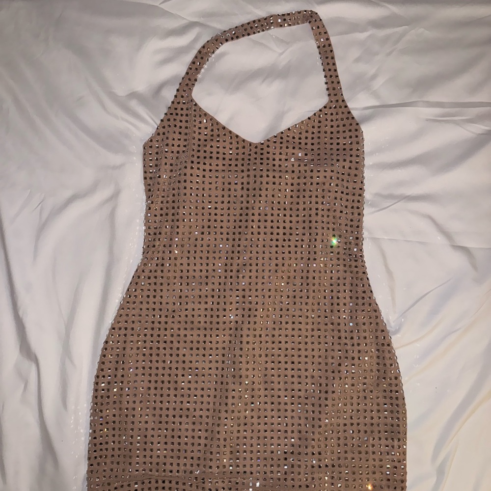 White Fox Boutique Shimmering Tan Halter Neck Dress